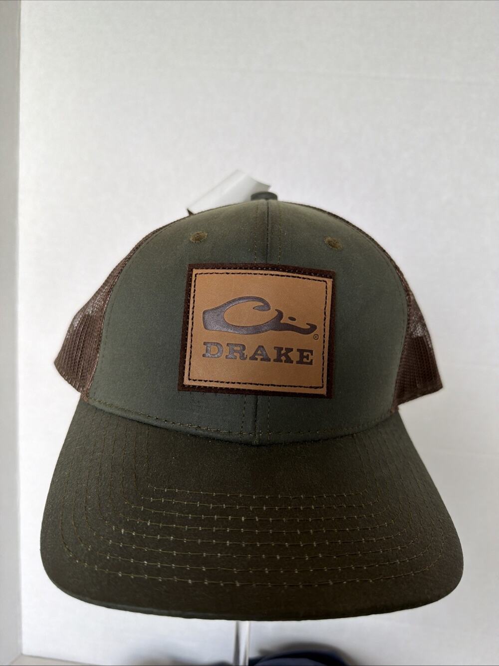 Drake Waterfowl Leather Patch Mesh Back SnapBack Hat Green Brown NWT